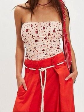 NWOT Free People Scottie Tube Top Ivory and Red Floral Polkadot Combo